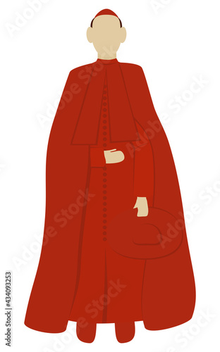 Cardinal is wearing red clothes and holding red hat Isolated vector illustration on white background 