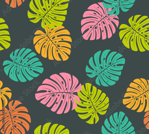 tropical colorful monstera leaves seamless pattern © VecTerrain