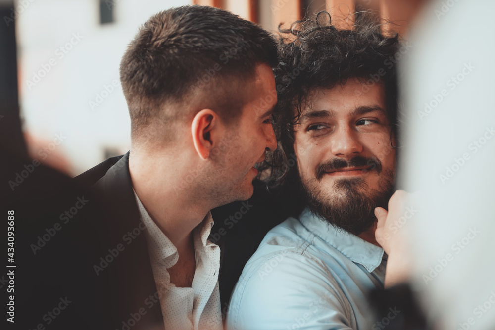 Diverse friends gay couple hugging. Stylish cool generation z men dating in love enjoy romantic relationships Diverse friends gay couple hugging. Stylish cool generation z men dating in love enjoy romantic relationships