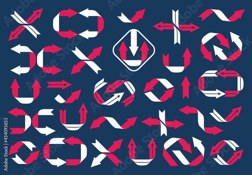 Stylish arrow logos and icons symbols vector big collection, red and black double color graphic design elements collection, cursors and direction signs, loop refresh and joint arrows.
