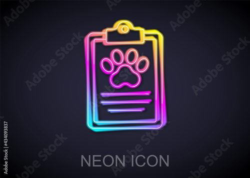 Glowing neon line Clipboard with medical clinical record pet icon isolated on black background. Health insurance form. Medical check marks report. Vector