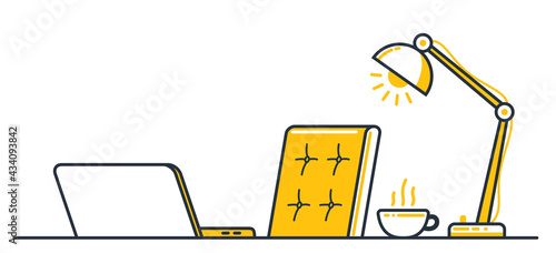 Work desk flat illustration isolated over white, office or home working place vector modern illustration, empty chair nobody vacant job concept, comfortable space for work.