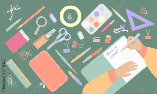 Banner Back to school. Vector illustration with school supplies and stationery.