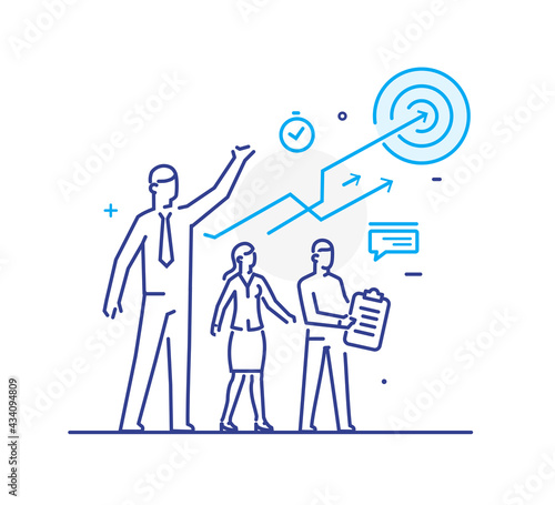 businessmen are looking for ways of strategic development. Workflow, growth, graphics. Business development, milestones. linear illustration Icons infographics. Landing page site print poster