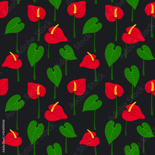 seamless pattern with anthurium flowers and leaves. floral texture
