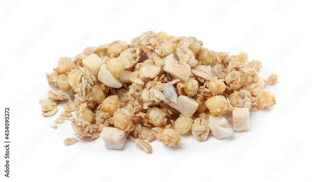 Pile of granola on white background. Healthy snack Pile of granola on white background. Healthy snack