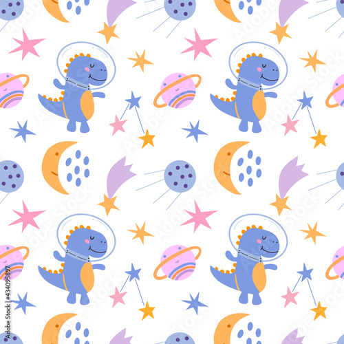 Seamless pattern with cute dinosaur in cosmos. White background, vector graphics. For wrapping paper, textiles, childrens clothing, cover prints, mugs, notebooks, wrapping paper