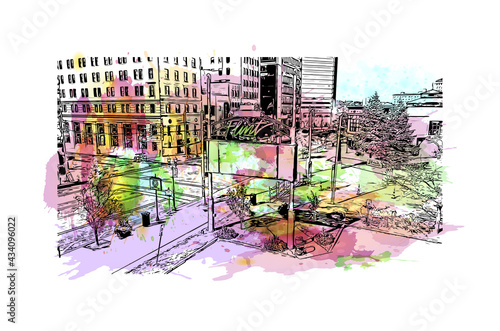 Building view with landmark of Flint is the 
city in Michigan. Watercolor splash with hand drawn sketch illustration in vector.