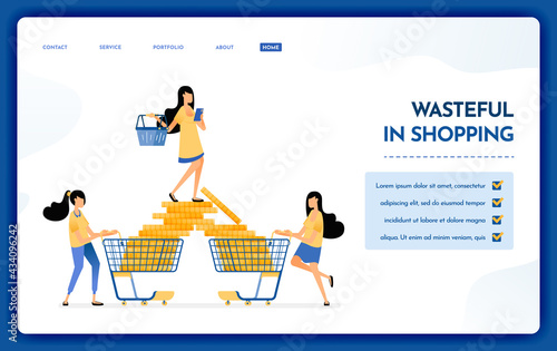 Landing page illustration of wasteful in shopping. People like to spend much more for leisure things. Wasteful in consumerism. Vector design can also be used for website, web, flyer, poster