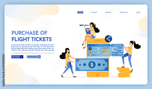 Landing page illustration of purchase of flight ticket. People transfer money to mobile banks and buy plane tickets for holidays. Vector design can also be used for website, web, flyer, posters