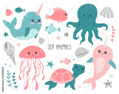 Ocean, sea cute baby animals collection on white background. Marine creatures badges, octopus, jelly fish, shell and turtle underwater inhabitants set, flat cartoon wildlife vector illustration