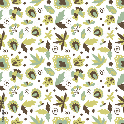 Floral seamless pattern with different flowers and leaves