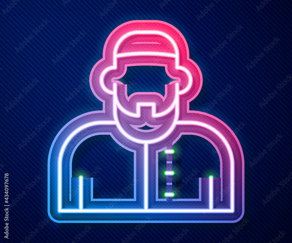Glowing neon line Muslim man icon isolated on blue background. Vector