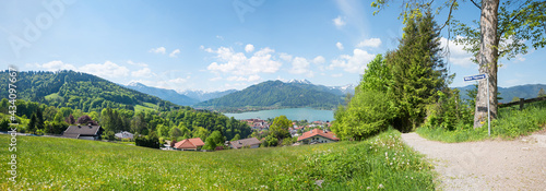 hiking above spa town Tegernsee  view to the lake  spring landscape upper bavaria