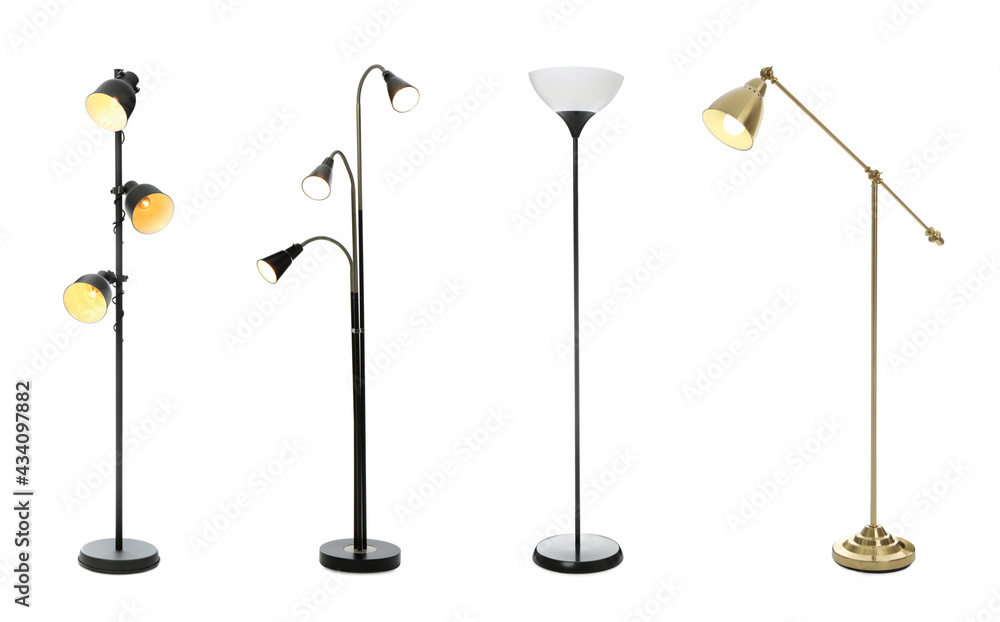 Set with different stylish floor lamps on white background Set with different stylish floor lamps on white background