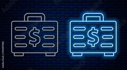 Glowing neon line Briefcase and money icon isolated on brick wall background. Business case sign. Business portfolio. Vector