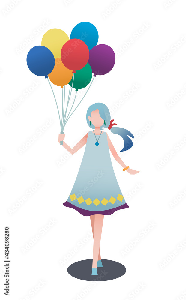 七色の風船を持つ女の子　人物フラットイラスト