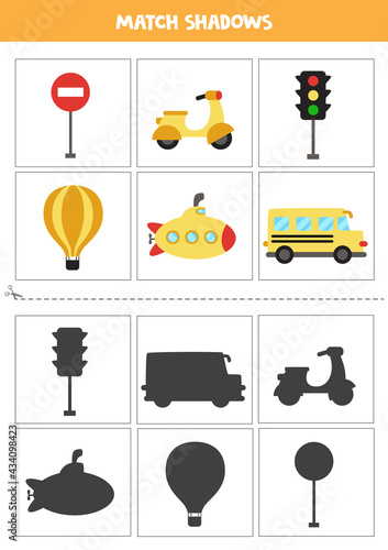 Find shadows of cute transport. Cards for kids.