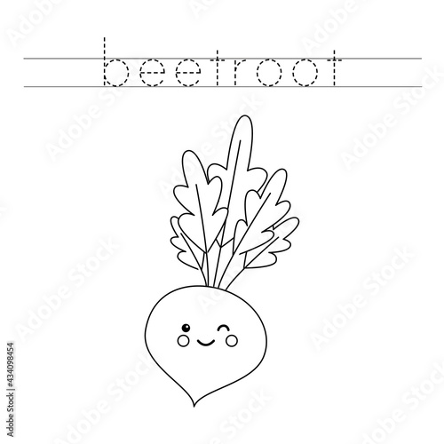 Tracing letters with cute beetroot. Writing practice for kids.