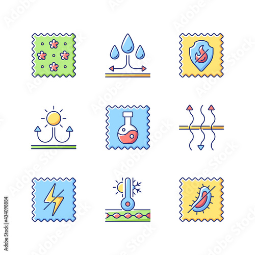 Different types of fabric vector flat color icon set. Print textile. Synthetic, antistatic and antimicrobial fiber. Cartoon style clip art for mobile app pack. Isolated RGB illustration bundle