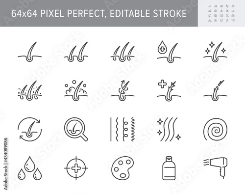Hair cosmetic line icons. Vector illustration include icon - skincare, frizzy, repair, revitalizing, scalp, dandruff, follicle outline pictogram for trichology. 64x64 Pixel Perfect, Editable Stroke photo