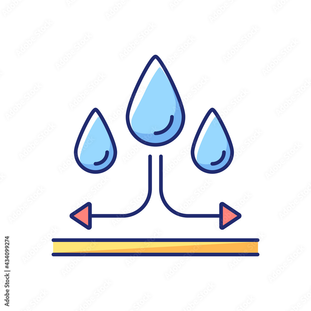 Water repellent fabric feature on fabric vector flat color icon. Rain proof fiber. Impervious to water material. Textile property. Cartoon style clip art for mobile app. Isolated RGB illustration Water repellent fabric feature on fabric vector flat color icon. Rain proof fiber. Impervious to water material. Textile property. Cartoon style clip art for mobile app. Isolated RGB illustration