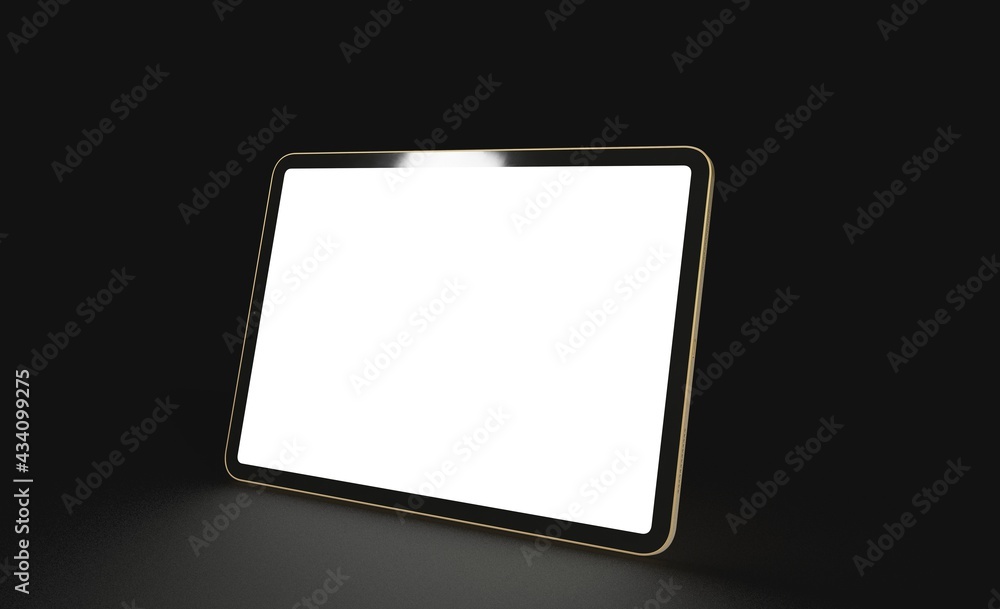 Photo 3D brandless tablet with empty screen isolated black background Photo 3D brandless tablet with empty screen isolated black background