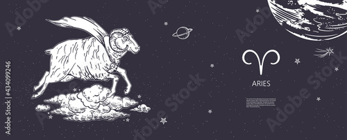 Zodiac constellation Aries. A ram in a superhero cloak flies among the clouds.