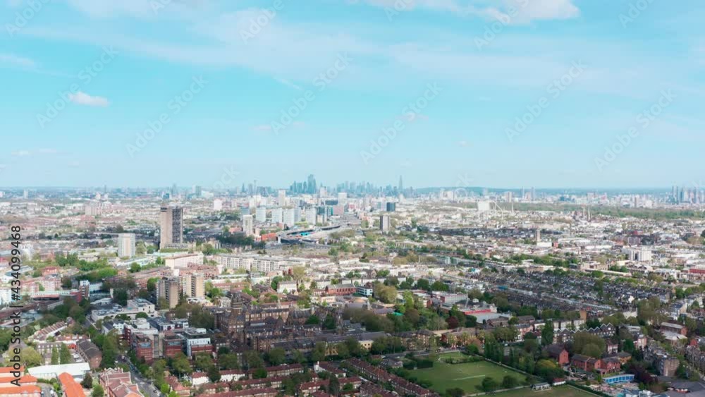 Slider drone shot of London skyline on a sunny day from the west Slider drone shot of London skyline on a sunny day from the west