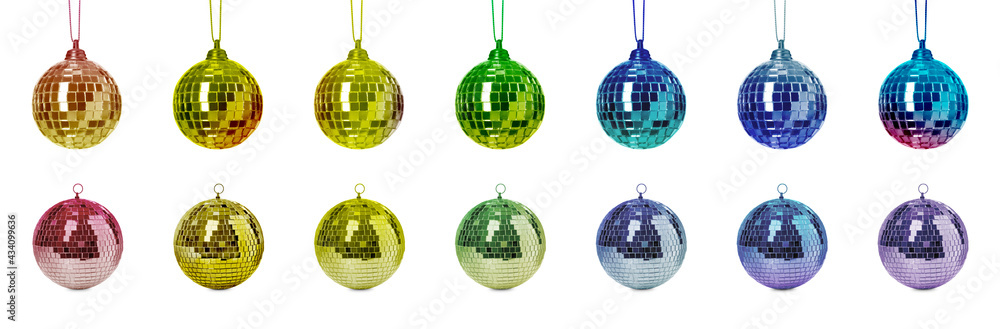 Obraz premium Set with colorful shiny disco balls on white background. Banner design
