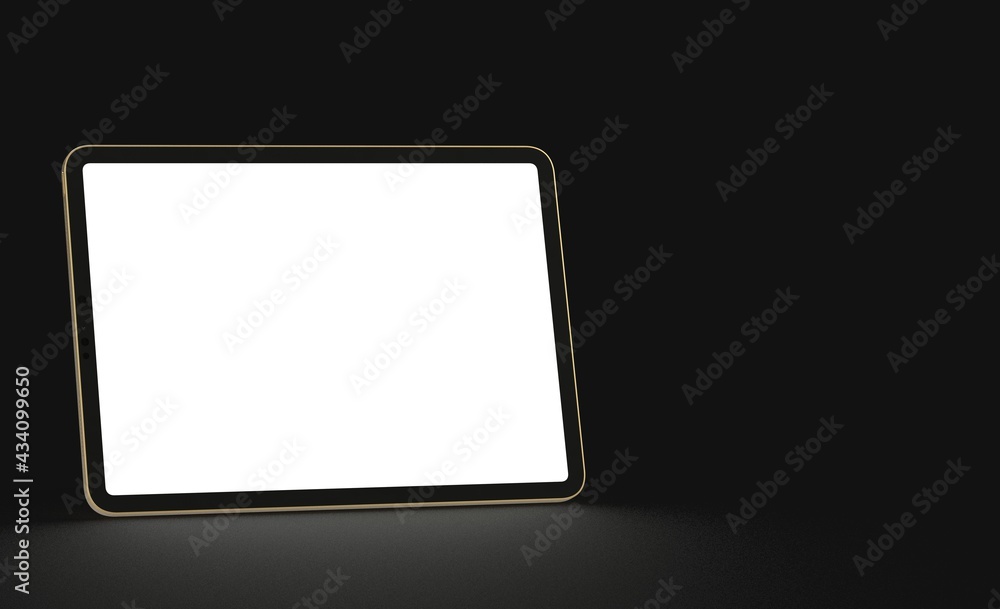 Photo 3D brandless tablet with empty screen isolated black background Photo 3D brandless tablet with empty screen isolated black background