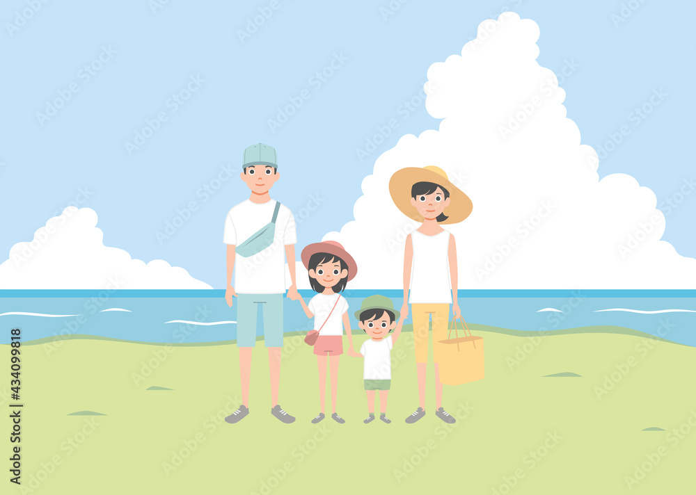 Family Travelling, Father, Mother Daughter and Son Going on Vacation. Family portrait. Vector illustration in cartoon style isolated on white.