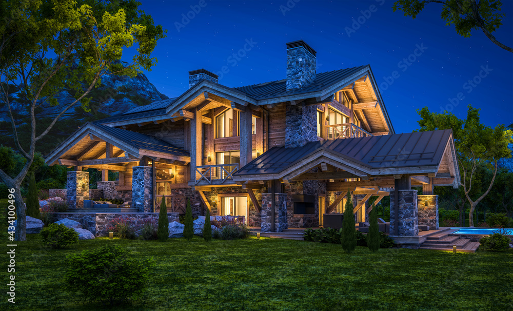 3d rendering of modern cozy chalet with pool and parking for sale or rent. Beautiful forest mountains on background. Massive timber beams columns. Clear summer night with many stars on the sky.
