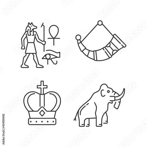 Ancestors heritage linear icons set. Egyptian wall drawings. Drinking horns. Royal crown. Mammoth. Customizable thin line contour symbols. Isolated vector outline illustrations. Editable stroke