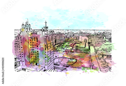 Building view with landmark of Flint is the 
city in Michigan. Watercolor splash with hand drawn sketch illustration in vector.