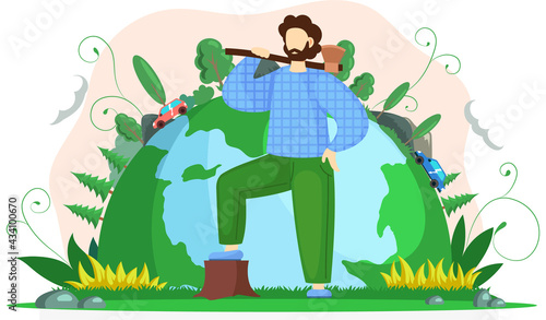Lumberjack forester logger carrying ax against background of green planet. Ecology concept to stop deforestation. Banner on environmental protection theme. Planet with modern cars and nature
