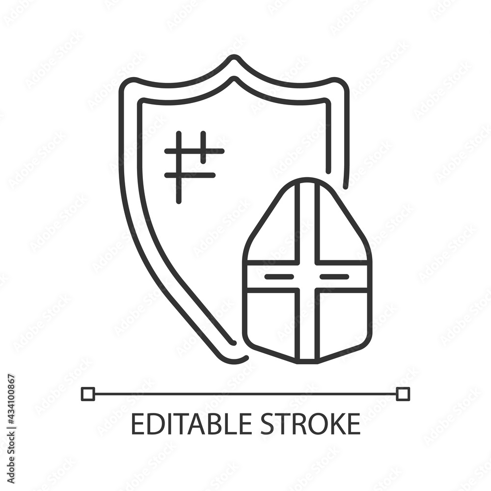 Knight armor linear icon. Medieval knight suit. Middle ages. Helmet, shield. Plate armour. Thin line customizable illustration. Contour symbol. Vector isolated outline drawing. Editable stroke Knight armor linear icon. Medieval knight suit. Middle ages. Helmet, shield. Plate armour. Thin line customizable illustration. Contour symbol. Vector isolated outline drawing. Editable stroke