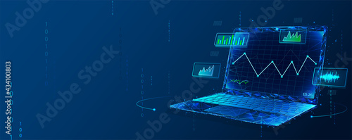 Data analyst consolidating financial information and reports on computer. Financial data management, financial software, digital data report concept. Polygonal illustration.