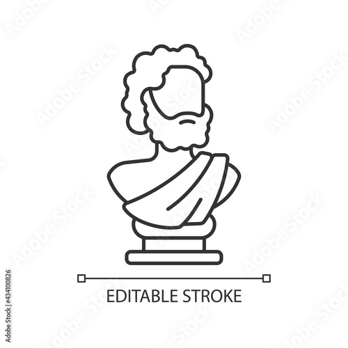Ancient statue linear icon. Art history. Ancient greek sculpture. Sculpted philosopher bust. Thin line customizable illustration. Contour symbol. Vector isolated outline drawing. Editable stroke