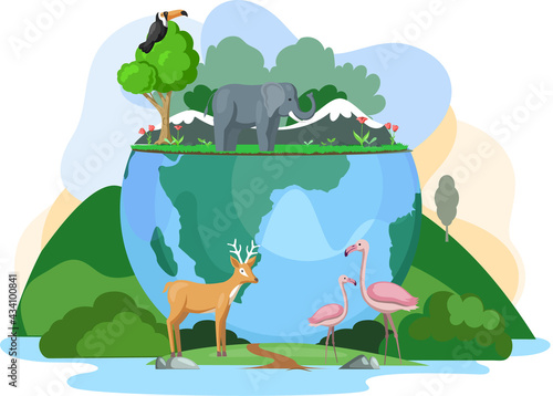 World animal day banner. Biodiversity, conservation and environmental protection concept. Birds and mammals on planet Earth. Green ecosystems of Earth. Elephant, deer, toucan and flamingo on planet