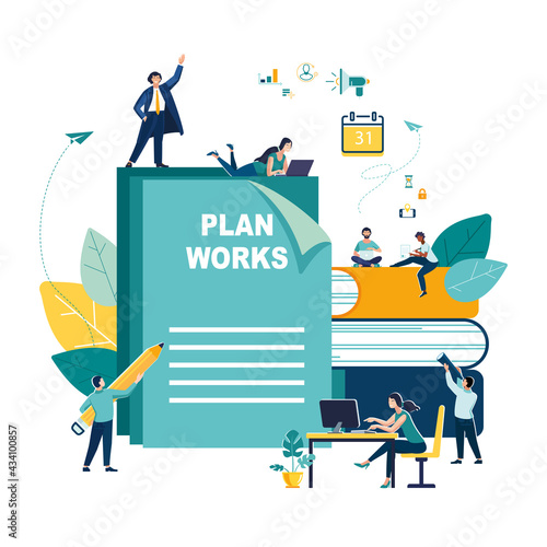 Vector illustration. Requirements for document specification, instructions for use, flat style concept. Creative teamwork. Team thinking and brainstorming, analysis of company information.Green design