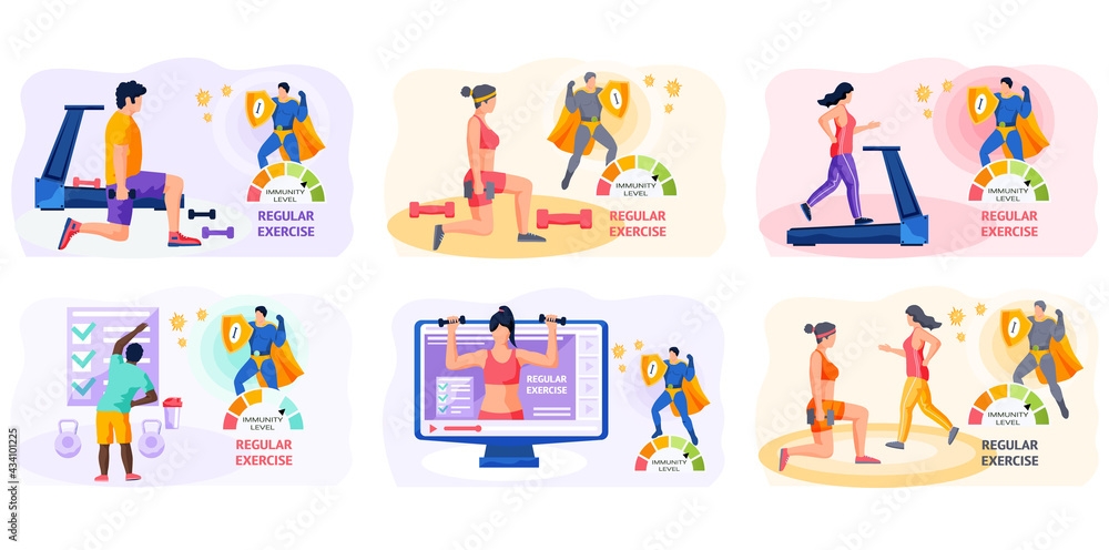 Set of illustrations about regular exercises. Characters are doing ...