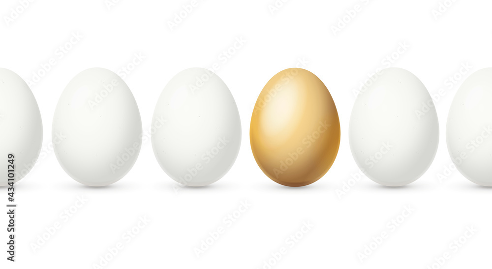 Realistic Detailed 3d White and Gold Egg on a Row. Vector