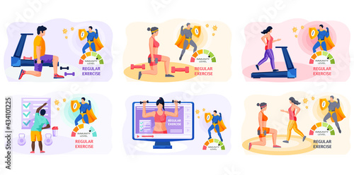 Set of illustrations about regular exercises. Characters are doing sports. People exercising with equipment. Athletes, powerlifters poster vector illustration. Immunity level increases due to sports