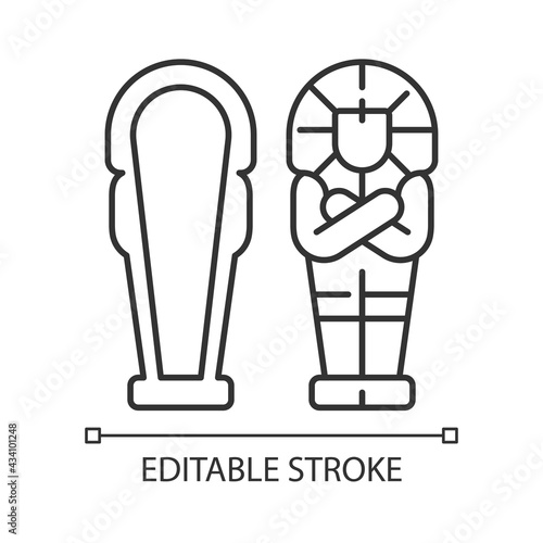 Egyptian sarcophagus linear icon. Eternal dwelling for deceased. Coffin inscribed in hieroglyphs. Thin line customizable illustration. Contour symbol. Vector isolated outline drawing. Editable stroke