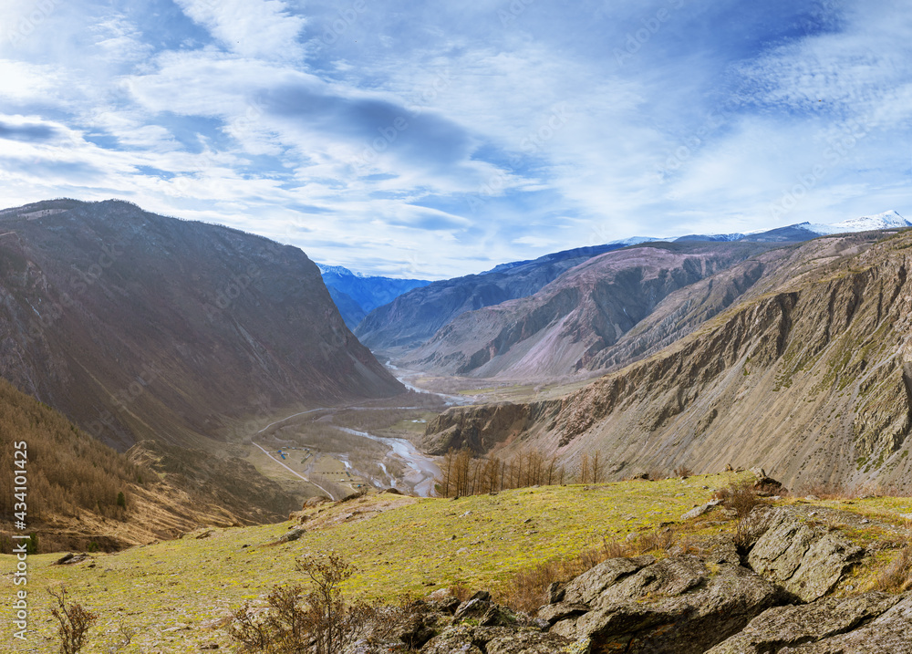 Beautiful landscape with Chulyshman gorge in Altai Republic. Natural environment valley and high mountains
