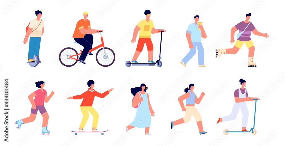 Park walking characters. Flat skateboard young man, woman weekend activities. Walk group, summer healthy outdoor time. Ride person utter vector set