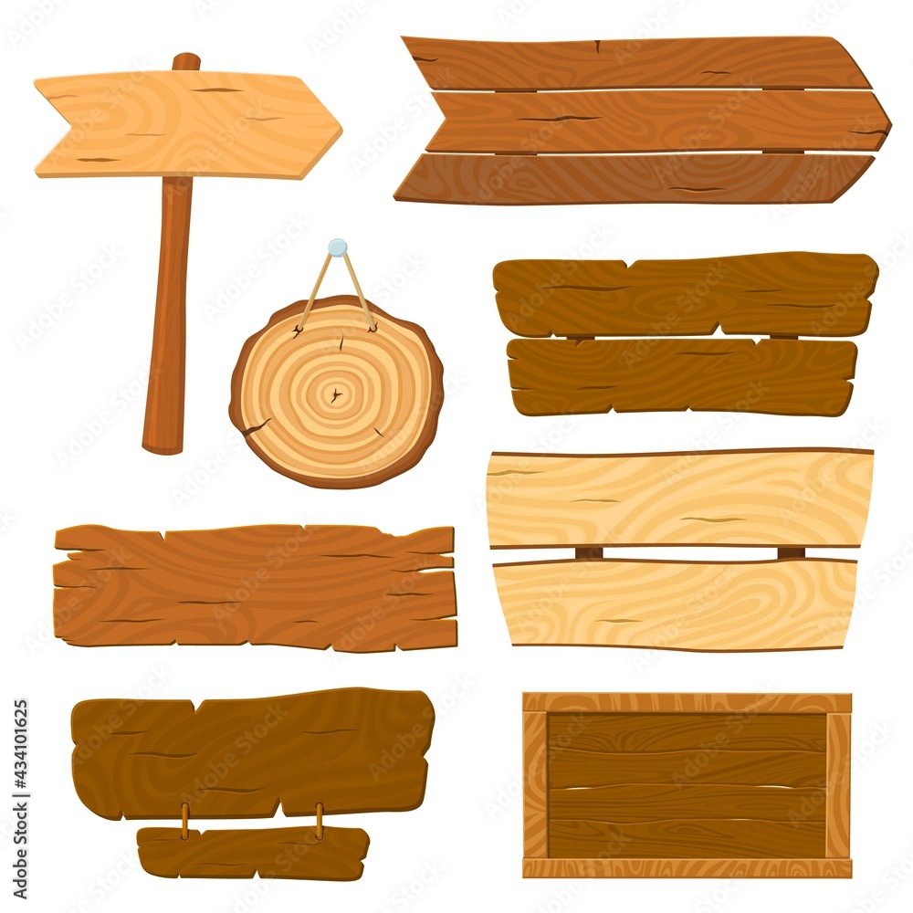 Isolated wooden planks. Cartoon planked sign, wood board banners. Hanging signboard, old rustic panel and road pointer recent. Vector game elements set Isolated wooden planks. Cartoon planked sign, wood board banners. Hanging signboard, old rustic panel and road pointer recent. Vector game elements set