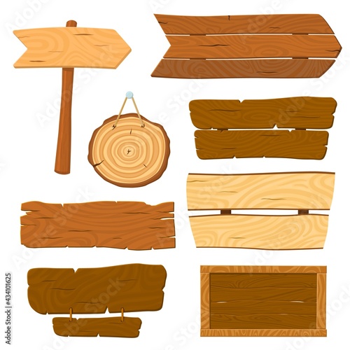 Fototapeta Naklejka Na Ścianę i Meble -  Isolated wooden planks. Cartoon planked sign, wood board banners. Hanging signboard, old rustic panel and road pointer recent. Vector game elements set