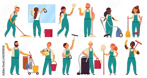 Cleaning service characters. Person uniform, cleaner employee with bucket. Cleaners team, people vacuuming washing. Housekeeper decent vector set